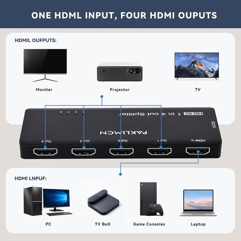 PAKLIMCN 4K 60Hz HDMI Splitter 1x4, 1 in 4 Out HDMI Duplicator/Switcher, 4Kx2K 30Hz 4:4:4 & 60Hz 4:2:0, HDR Compatible for Fire Stick, PS5, Xbox Series X, PC, Home Theater, Not A Switch(4K 1in4 Out) - Image 5